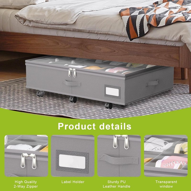 VERONLY Under Bed Shoe Storage Organiser with Wheels for Closet Fits 24 Pairs- Sturdy Underbed Shoe Storage Box Bins,Set of 2 (Grey) - Image 4