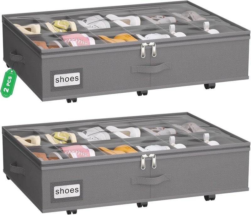 VERONLY Under Bed Shoe Storage Organiser with Wheels for Closet Fits 24 Pairs- Sturdy Underbed Shoe Storage Box Bins,Set of 2 (Grey) - Image 1