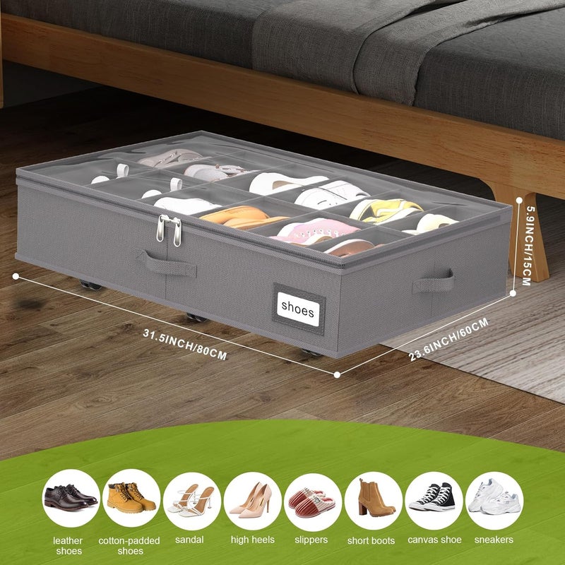 VERONLY Under Bed Shoe Storage Organiser with Wheels for Closet Fits 24 Pairs- Sturdy Underbed Shoe Storage Box Bins,Set of 2 (Grey) - Image 2