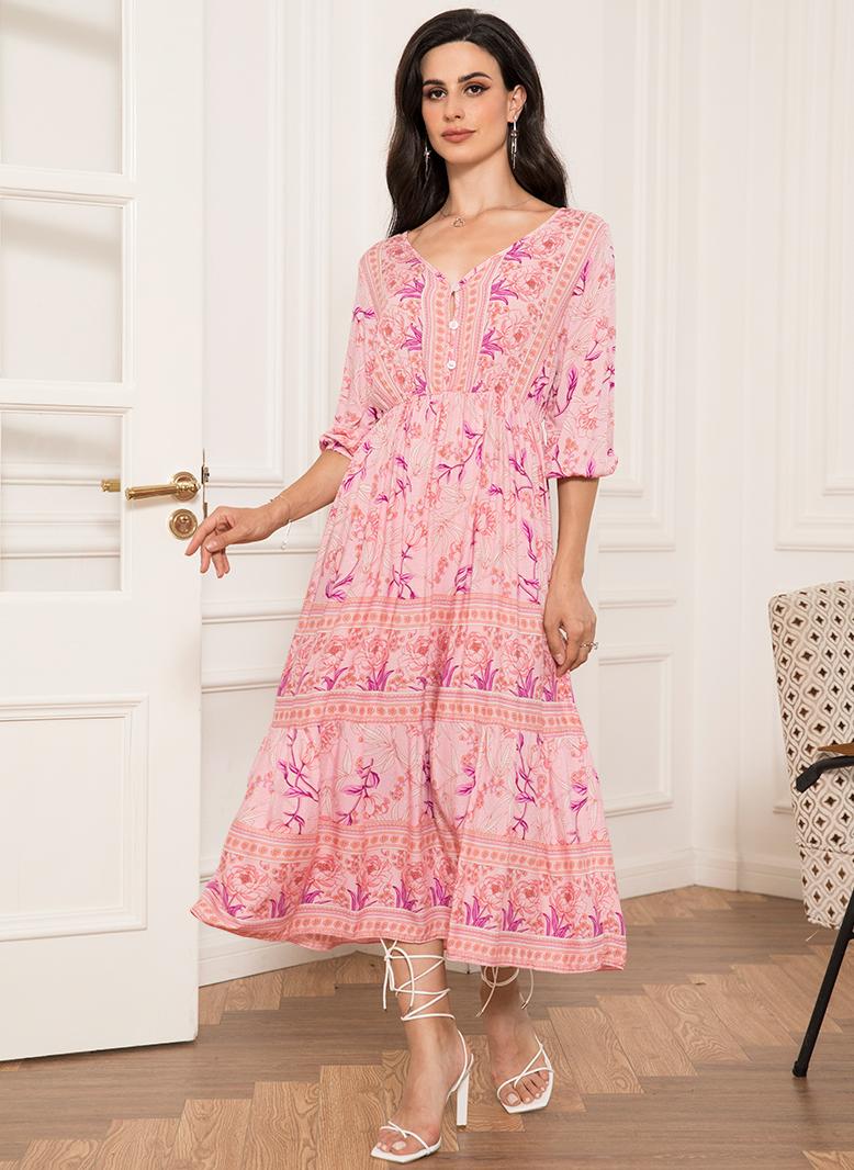 FridayIn Holiday style V-neck Flowers Splicing Buttons Puff sleeve Mid Dresses Peach Pink - Image 3