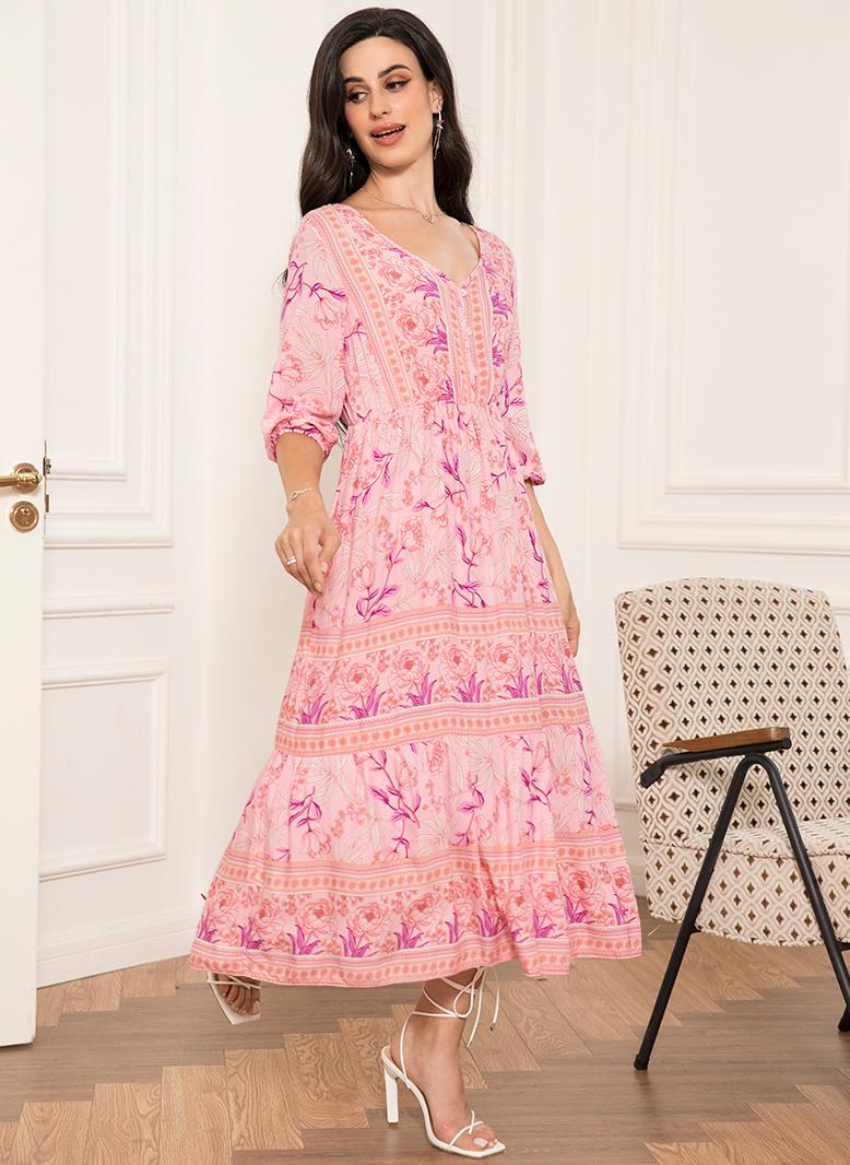 FridayIn Holiday style V-neck Flowers Splicing Buttons Puff sleeve Mid Dresses Peach Pink - Image 4