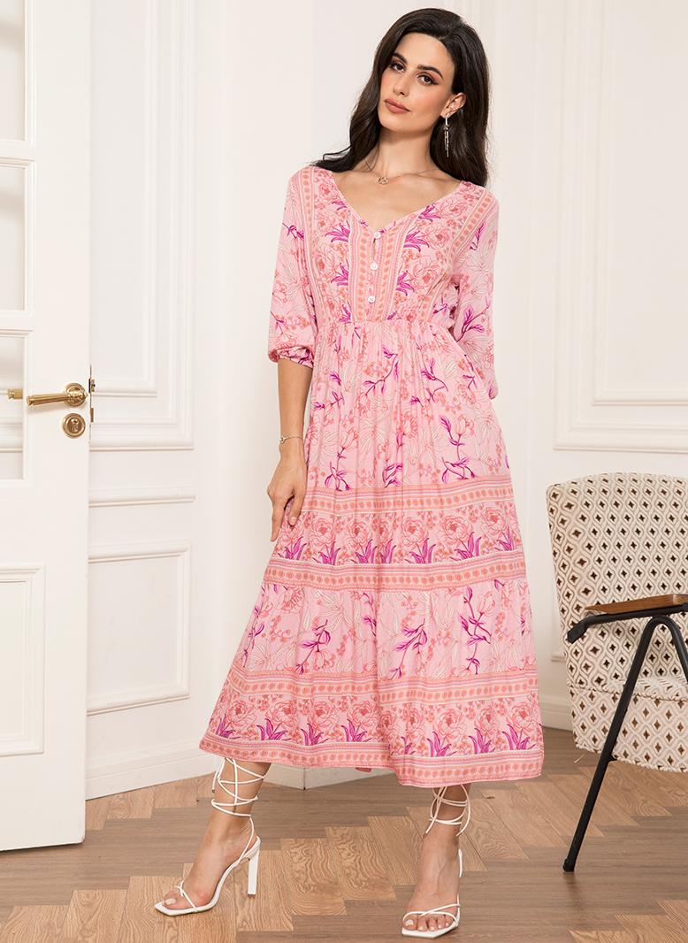 FridayIn Holiday style V-neck Flowers Splicing Buttons Puff sleeve Mid Dresses Peach Pink - Image 5