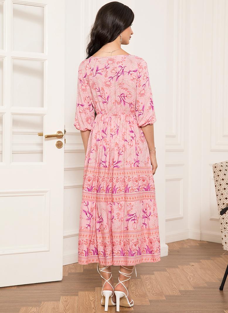 FridayIn Holiday style V-neck Flowers Splicing Buttons Puff sleeve Mid Dresses Peach Pink - Image 2