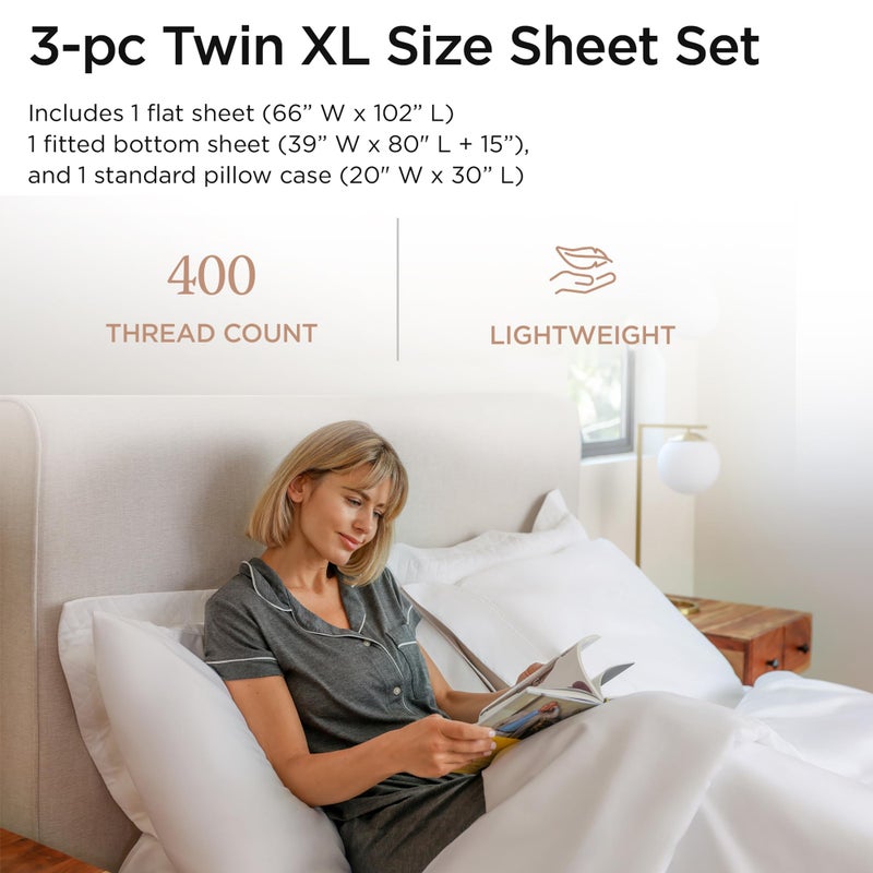 Threadmill Egyptian Cotton Twin XL Sheet Set | 100% Certified Egyptian Cotton Sheets for Twin XL Size Bed | Sateen Twin XL Bed Sheets Set Deep Pocket | Soft Hotel 3-Piece Cooling Sheet Set | White - Image 2