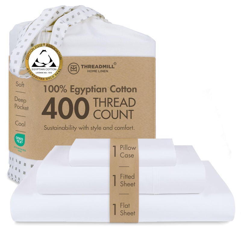 Threadmill Egyptian Cotton Twin XL Sheet Set | 100% Certified Egyptian Cotton Sheets for Twin XL Size Bed | Sateen Twin XL Bed Sheets Set Deep Pocket | Soft Hotel 3-Piece Cooling Sheet Set | White - Image 1