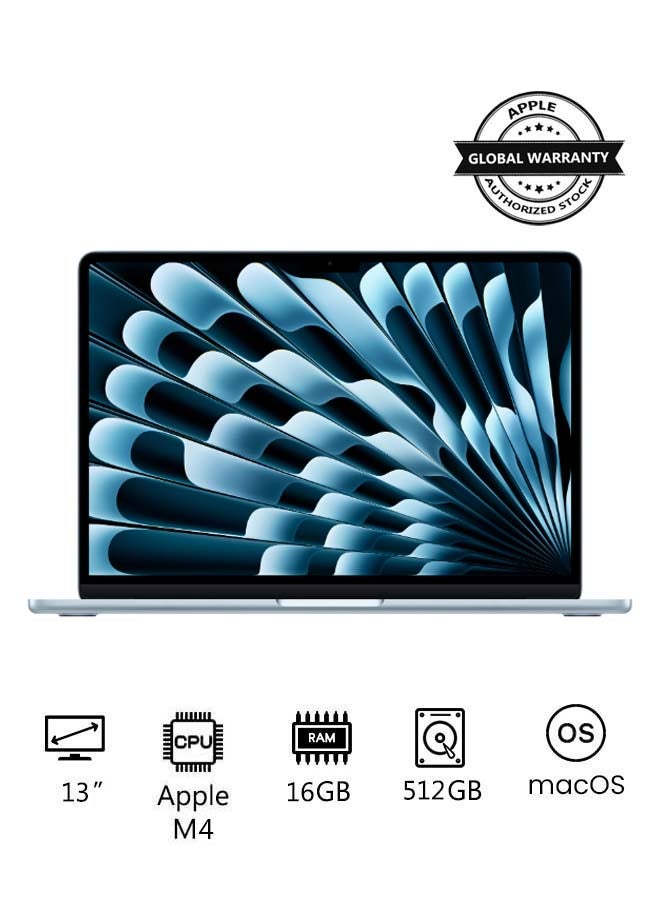ابل  ماك بوك إير MC6U4 بشاشة 13 بوصة، معالج M4 بعشرة أنوية، معالج رسومات بعشرة أنوية | ذاكرة وصول عشوائي 16 جيجابايت | قرص صلب SSD بسعة 512 جيجابايت | نظام macOS | الإنجليزية/العربية | أزرق سماوي الإنجليزية/العربية - Image 1