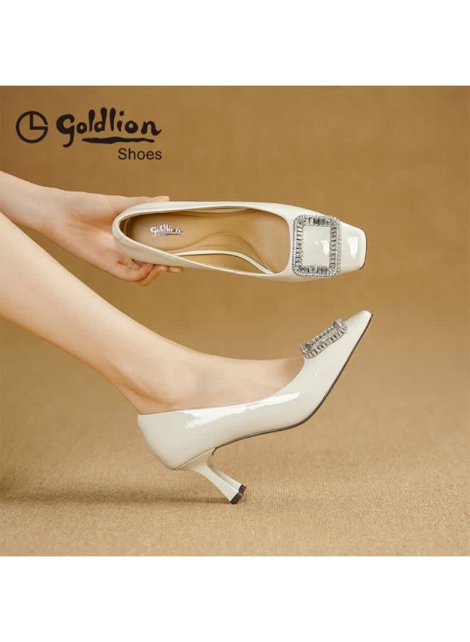 Goldlion Women's Fashion Square Buckle Commuter Shoes Versatile Simple Flats Beige Size 36 - Image 2