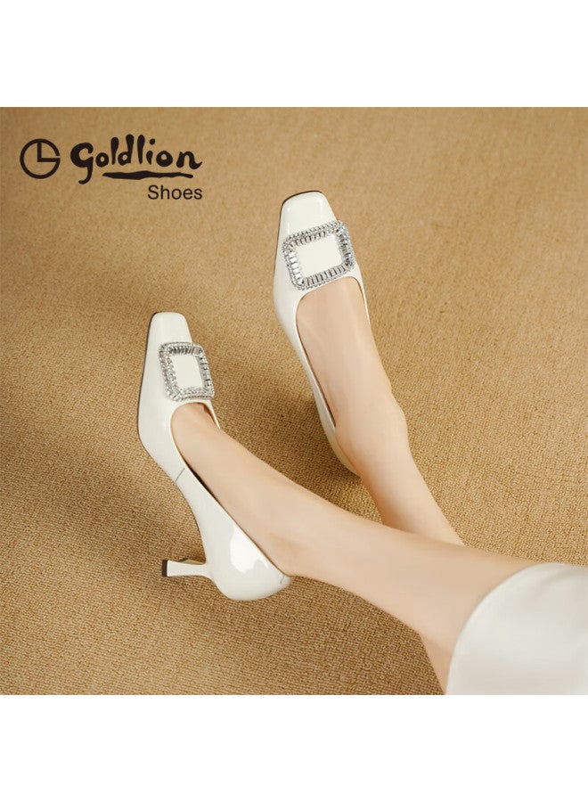 Goldlion Women's Fashion Square Buckle Commuter Shoes Versatile Simple Flats Beige Size 36 - Image 5