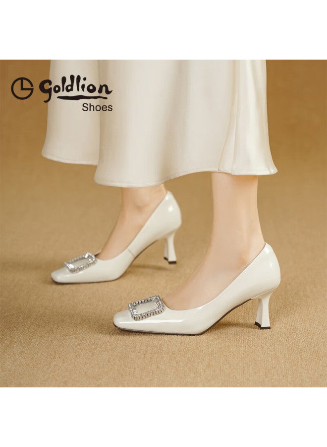 Goldlion Women's Fashion Square Buckle Commuter Shoes Versatile Simple Flats Beige Size 36 - Image 1