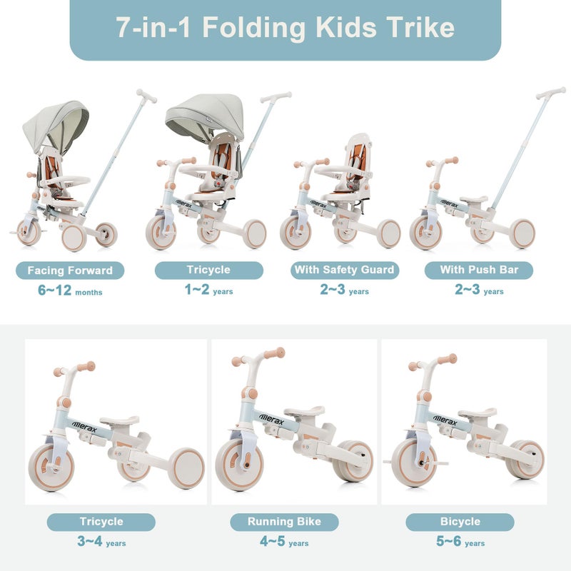 Merax 7-in-1 All-Terrain Kids Tricycle Stroller Foldable Toddler Tricycle with Adjustable Push Handle - Image 5