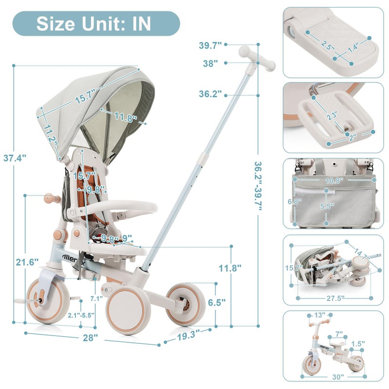 Merax 7-in-1 All-Terrain Kids Tricycle Stroller Foldable Toddler Tricycle with Adjustable Push Handle - Image 4