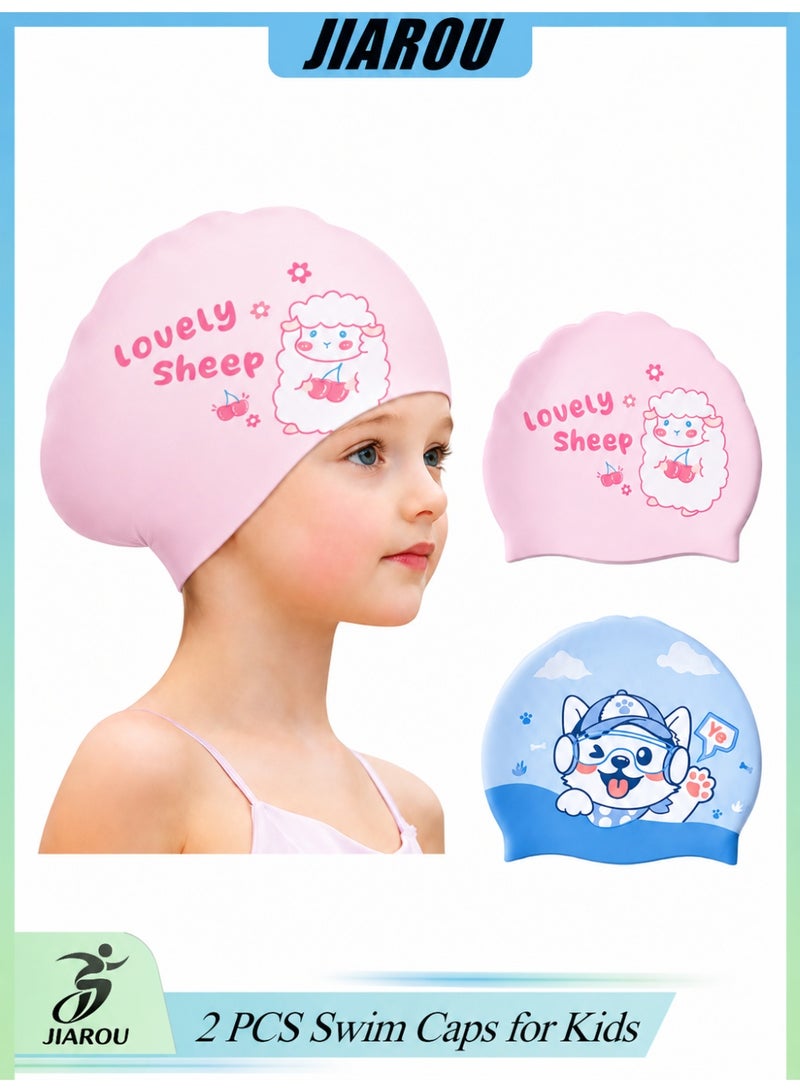 JIAROU 2 Pieces Cute Puppy Silicone Swim Cap for Kids — Suitable for girls and toddlers aged 2–14，waterproof design，unisex， suitable for both long and short hair - Image 1