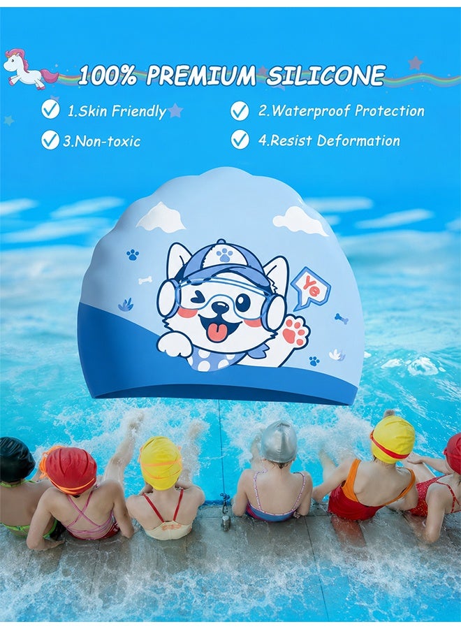 JIAROU 2 Pieces Cute Puppy Silicone Swim Cap for Kids — Suitable for girls and toddlers aged 2–14，waterproof design，unisex， suitable for both long and short hair - Image 3