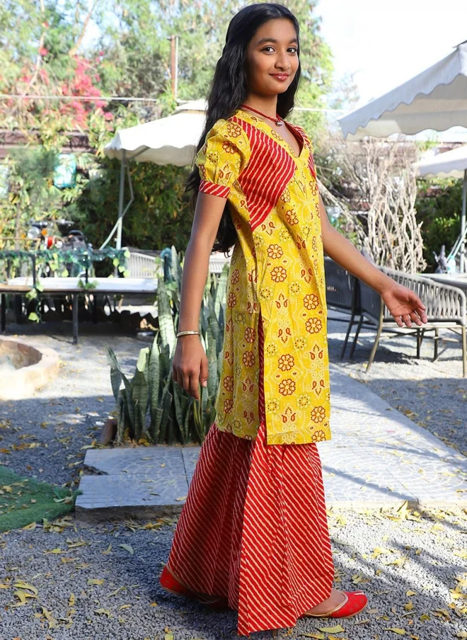 AKS  Bandhani Printed Yellow Kurta Set for Girls for Women | Best Price UAE