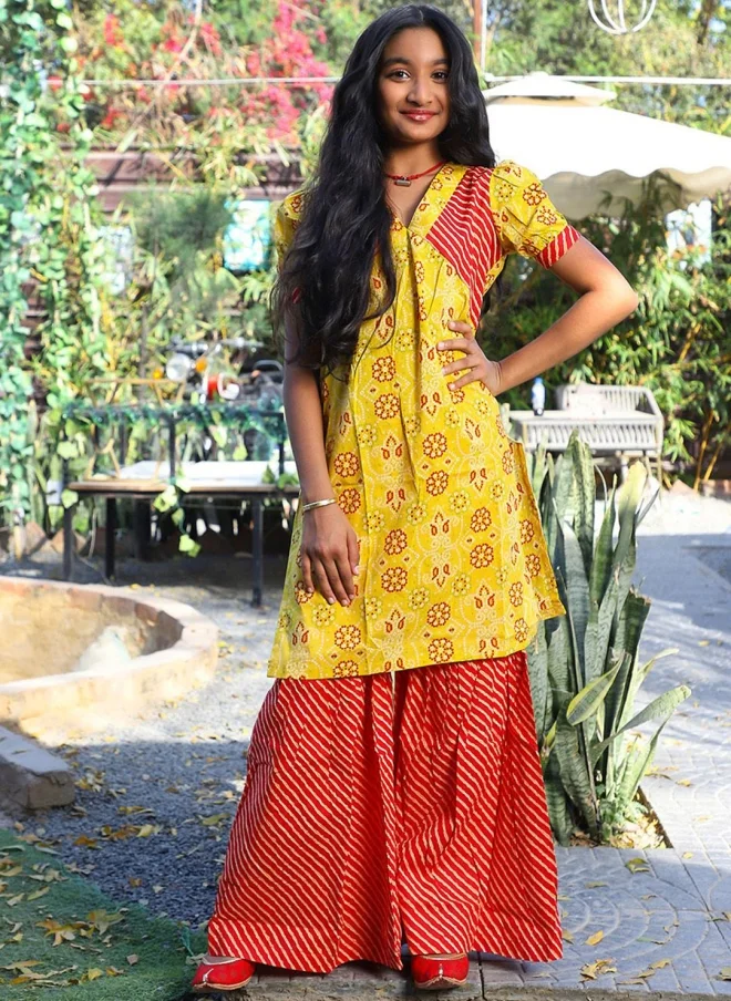 AKS  Bandhani Printed Yellow Kurta Set for Girls for Women | Best Price UAE