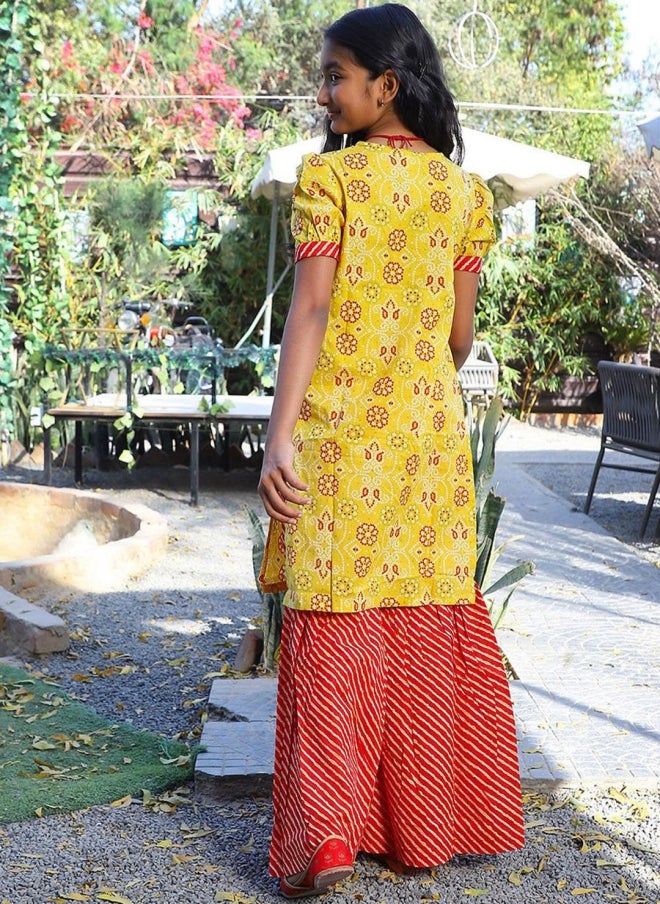 AKS Bandhani Printed Yellow Kurta Set for Girls - Image 5