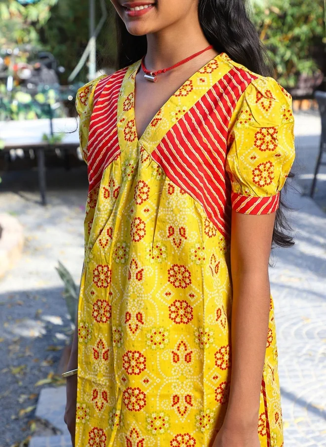 AKS Bandhani Printed Yellow Kurta Set for Girls