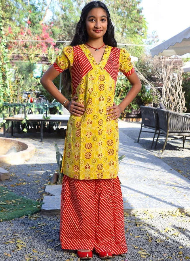 AKS Bandhani Printed Yellow Kurta Set for Girls