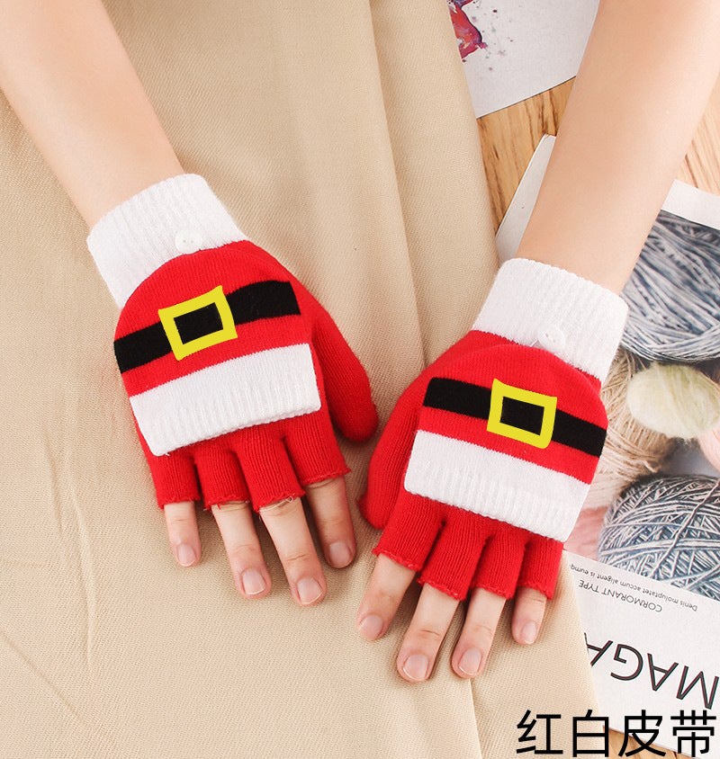 Winter Knitted Touchscreen Gloves for Female Students A096 [belt] red and white
