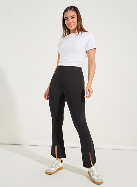 Solid Ankle Length Leggings with Front Split