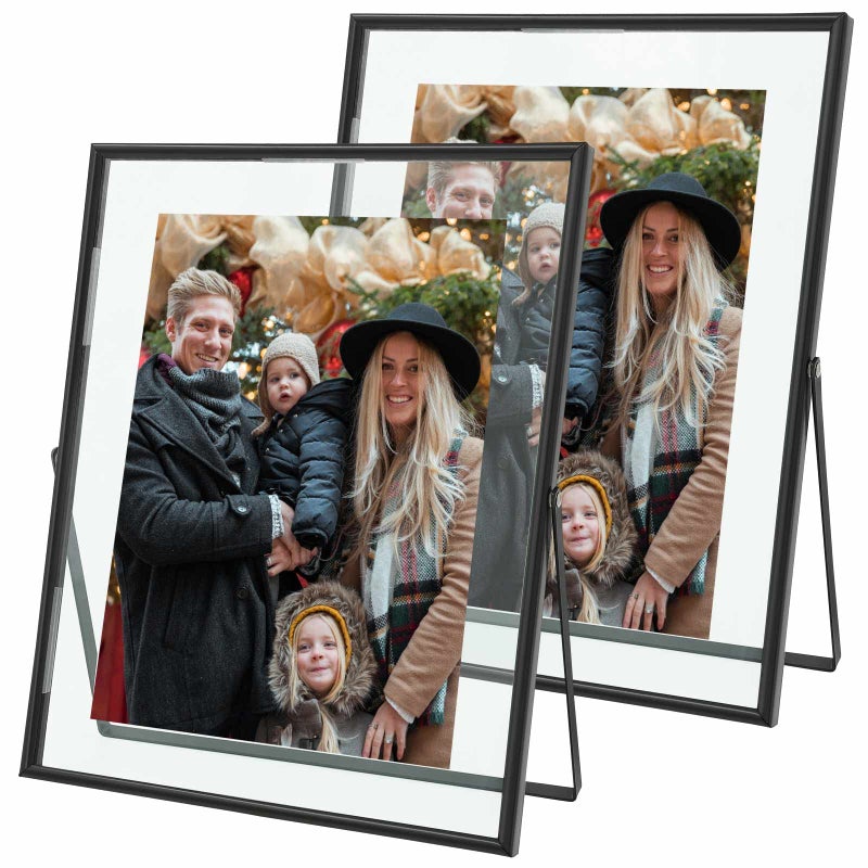 Qiannhee 8x10 Floating Frame Set of 2 Black Picture Frame Hold 8x10in 6x8in 5x7in Photo for Tabletop Glass FinishVertical Metal Stand Frame