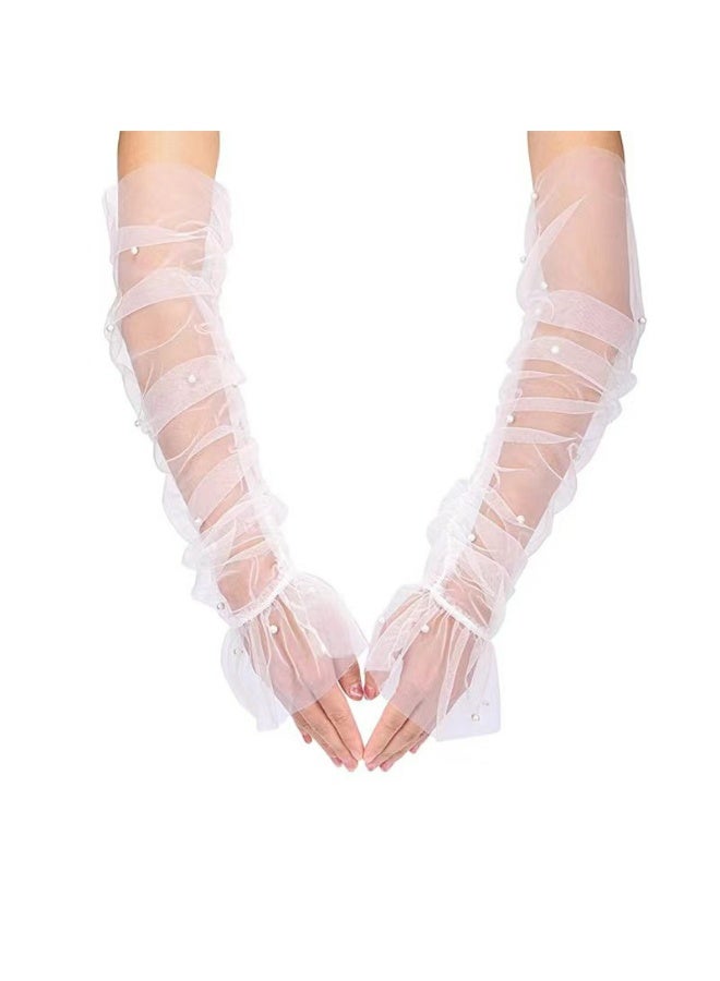 Bridal Long Gloves with Pearl Beading, Sheer Tulle Arm Sleeves, Wedding Accessories, Available in White and Black(white)  - Image 1