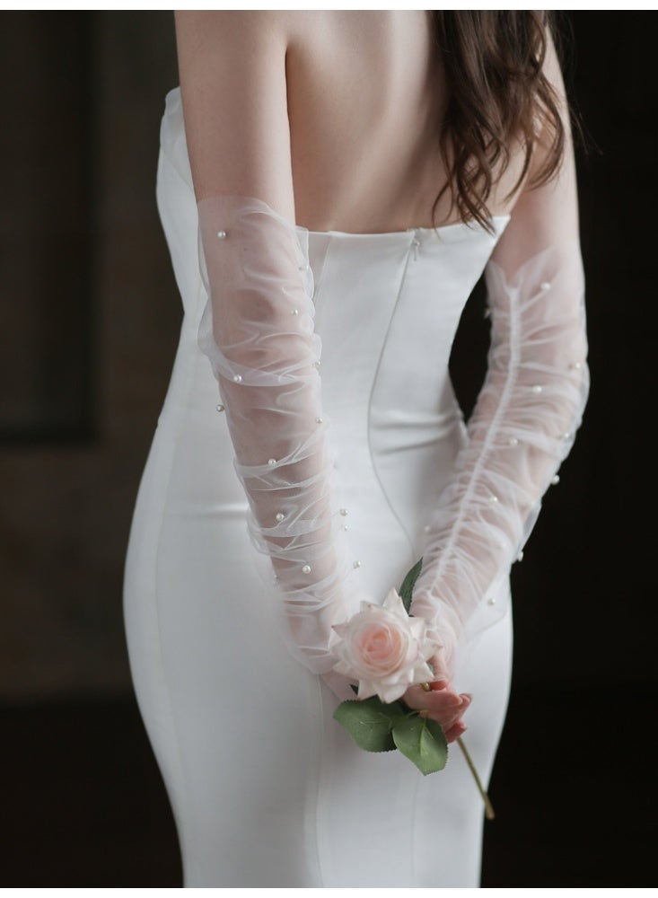 Bridal Long Gloves with Pearl Beading, Sheer Tulle Arm Sleeves, Wedding Accessories, Available in White and Black(white)  - Image 2