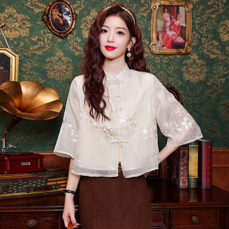 New Chinese style womens clothing plus size National style embroidered small shirt vest skirt shirt short shirt unique chic chiffon top Apricot