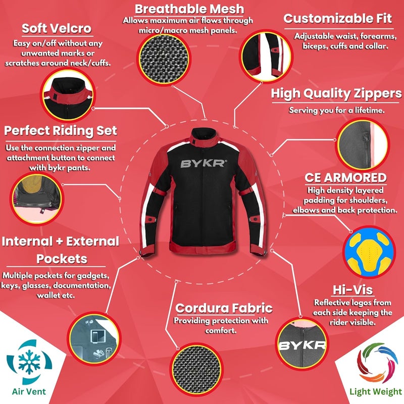BYKR Mesh Motorcycle Jacket for Men - Breathable Protective Riding Gear in Red - Image 4