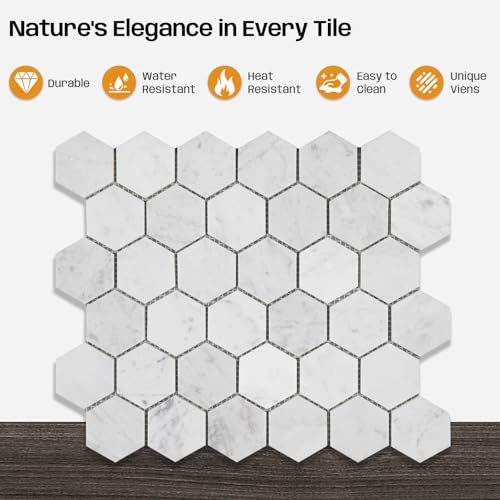 Adolif Carrara White Marble Mosaic Tile, Polished, Carrara White Marble Mosaic for Kitchen Bathroom Wall Floor Backsplash Shower, 5 Sheets, 2 Inch Hexagon - Image 4