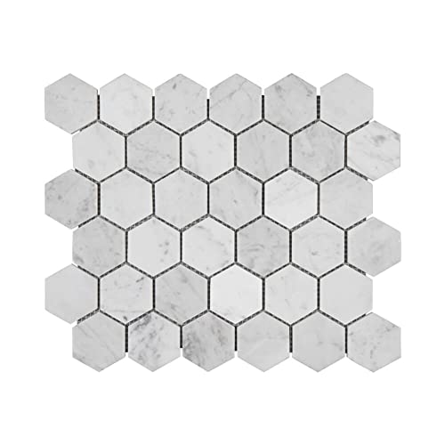 Adolif Carrara White Marble Mosaic Tile, Polished, Carrara White Marble Mosaic for Kitchen Bathroom Wall Floor Backsplash Shower, 5 Sheets, 2 Inch Hexagon - Image 1