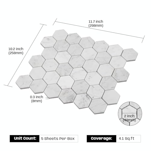 Adolif Carrara White Marble Mosaic Tile, Polished, Carrara White Marble Mosaic for Kitchen Bathroom Wall Floor Backsplash Shower, 5 Sheets, 2 Inch Hexagon - Image 3