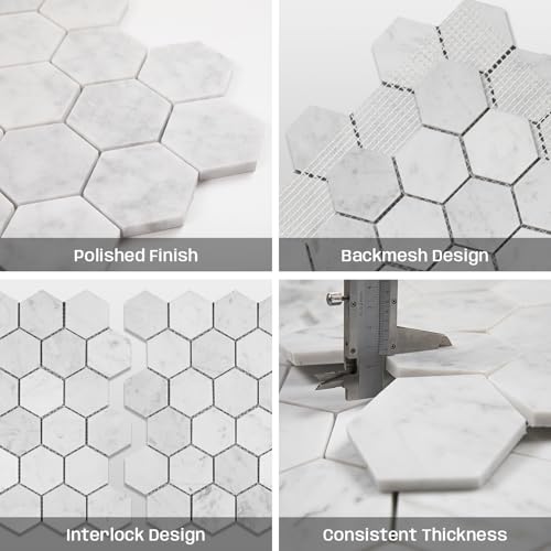 Adolif Carrara White Marble Mosaic Tile, Polished, Carrara White Marble Mosaic for Kitchen Bathroom Wall Floor Backsplash Shower, 5 Sheets, 2 Inch Hexagon - Image 5