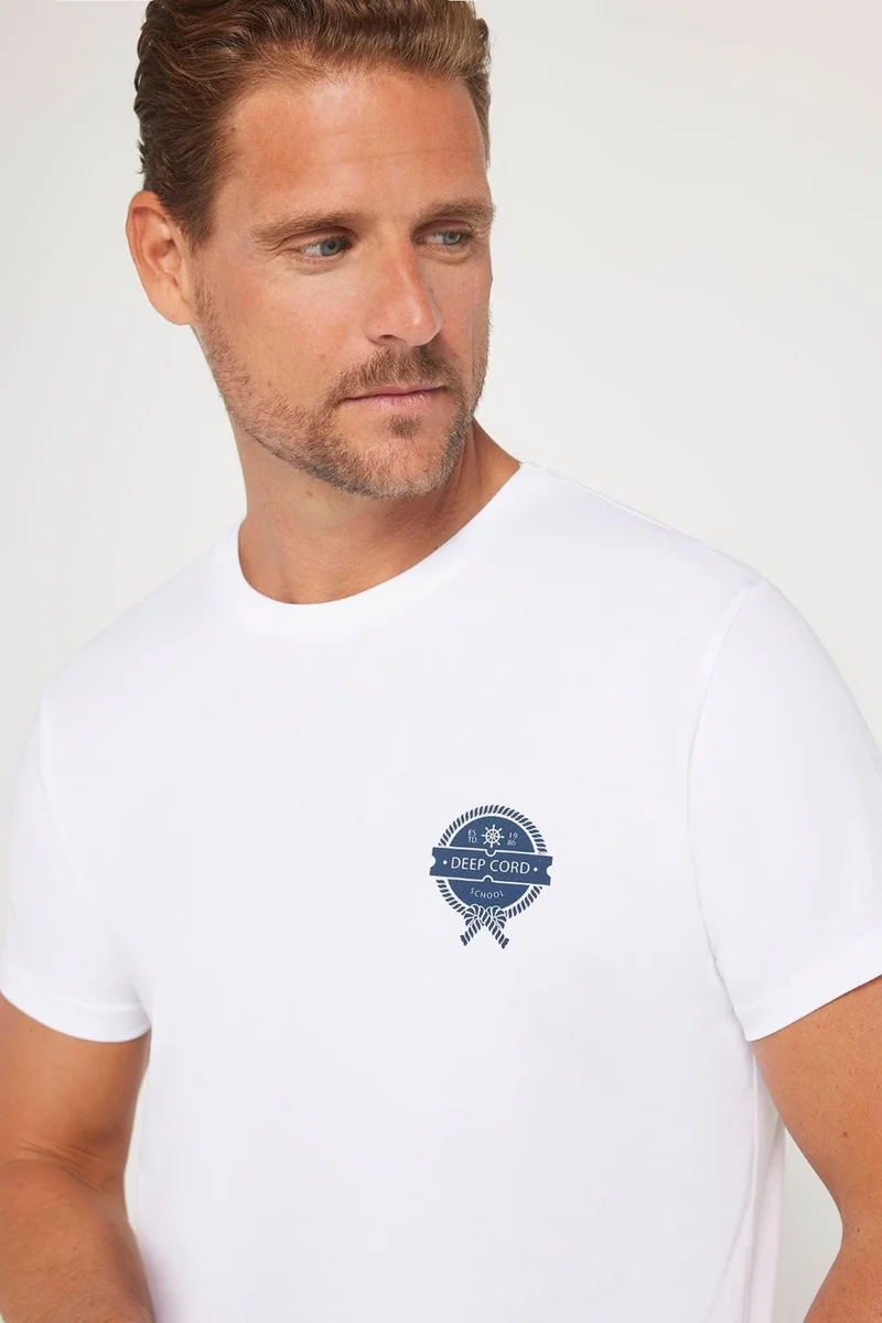 Tudors Men's Slim Fit Narrow Cut Cotton Soft Textured Printed White Crew Neck T-Shirt