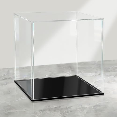 LANSCOERY Acrylic Display Case 6x6x6 in Upgraded Thickened UVResistant Showcase 98 Clarity Dustproof Box with Glossy Black Base for Action Figures LEGO Models Includes Scraper LED Light - Image 1