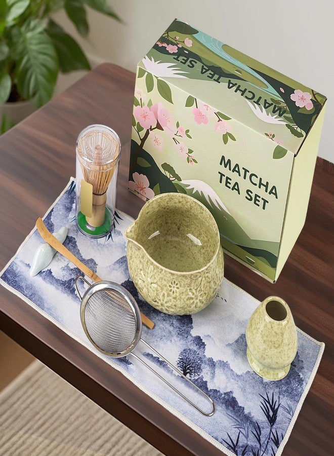 HAKELPOK Matcha Whisk Set, 7 Pcs Matcha Kit Includes Matcha Bowl, Whisk and Holder, Bamboo Scoop, Scoop Rest, Sifter and Tea Towel, Gift for Matcha Lover (Mottled Green) - Image 2
