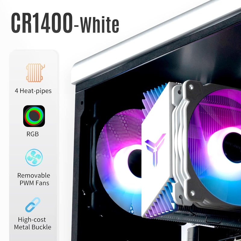إكسفور مبرد وحدة المعالجة المركزية الهوائي CR1400 RGB، 4 أنابيب حرارية، مروحة وحدة المعالجة المركزية RGB مقاس 126 مم، مراوح PWM قابلة للإزالة مقاس 92 مم، انحناء الزعانف، مبرد وحدة المعالجة المركزية RGB بـ 4 دبابيس، إضاءة RGB لـ AMD Ryzen/Intel LGA 1700 115X (أبيض) - Image 2