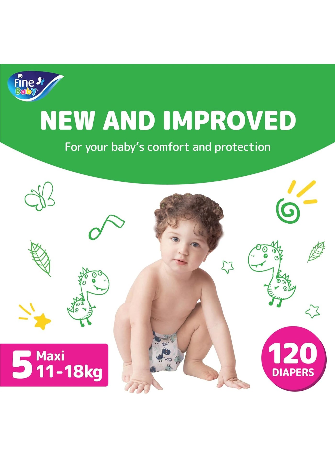 Fine Baby Diapers, Size 5, Maxi, 11-18 kg, 120 Diaper