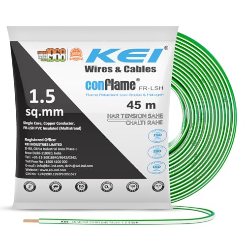 KEI CONFLAME FRLSH 1.5 sqmm 1 Core Copper Heat Resistant Flame Retardant Low Smoke & Halogen - Lead Free House Wire for Domestic & Industrial Electrical Wiring (Green, 45 Meters) - Image 1