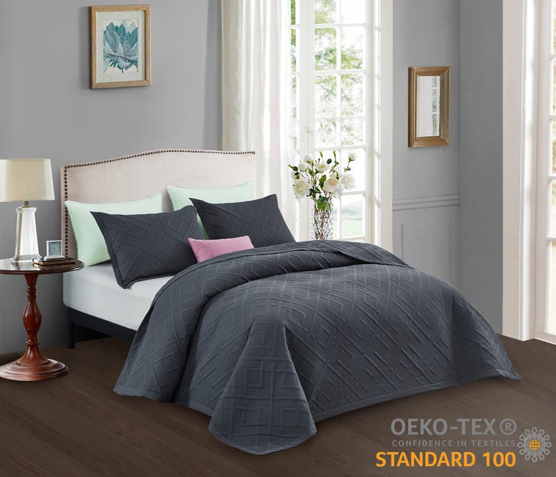 CHIXIN Quilt King Size - Geometric Pattern Bedspread Coverlet Set - Modern & Contemporary Style Bedding Cover  Ultrasonic Quilting  Reversible  Lightweight  4 Piece  Dark Grey - Image 2