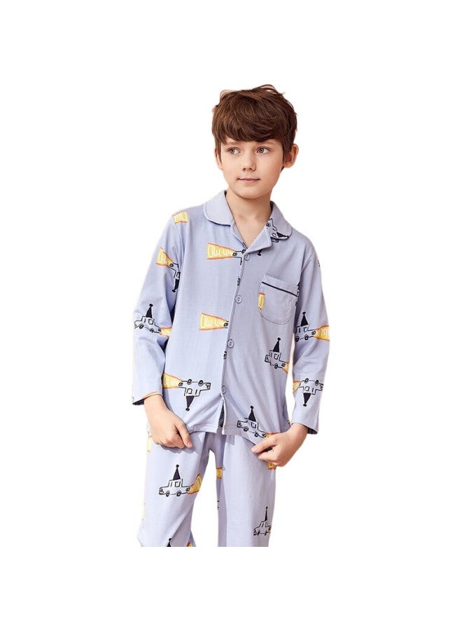 Red Bean Hongdou Big Boys' Pajama Set, Pure Cotton Long-Sleeve Children'S Loungewear, Autumn Season, Turn-Down Collar, Long-Sleeve Top And Long Pants, Two-Piece Set H1J3191, Ailis Blue, 160 - Image 1