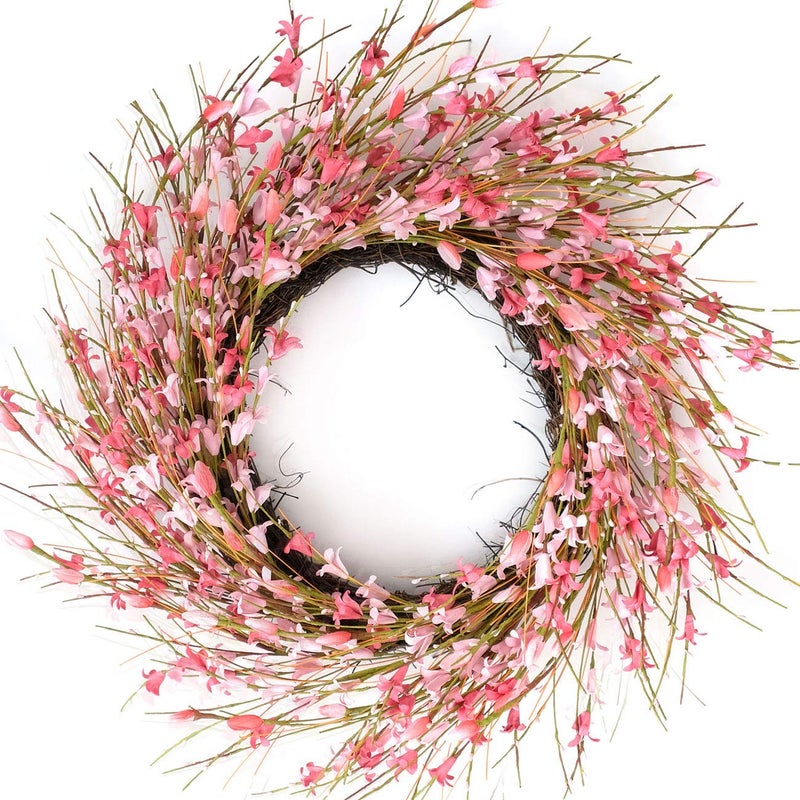 Bibelot 18inch Artificial Forsythia Flower Wreath, All Year Around Wreath for Front Door, Wedding Window Home Wall Indoor Front Door Decor (Pink, 18in) - Image 1