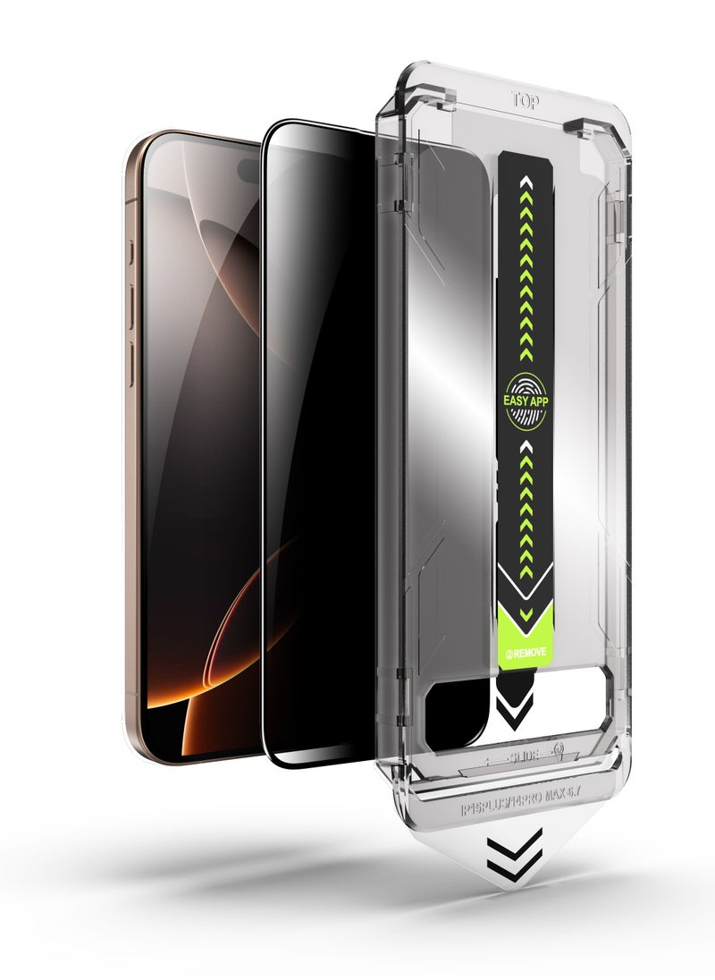 2 Screen Protector iPhone 14 Pro Privacy+Clear Easy Installation, High Quality, 9H Hardness, A++ Grade  Enjoy versatile protection that meets your daily needs — combining high transparency and advanced privacy technology. Designed for ultra-precise, effortless installation using a smart alignment frame that ensures accurate, bubble-free application with a single press.  Crafted from reinforced Japanese Asahi glass, rated 9H for superior scratch and dust resistance, and certified with top-tier A++ quality. It delivers long-lasting protection and high-definition clarity without compromising touch sensitivity. Fully supports natural touch response and includes an anti-fingerprint coating with a sleek black-edge finish.  This flexible dual-pack includes both a clear screen protector and a privacy screen protector — each offering high quality and allowing you to switch based on your environment and lifestyle.