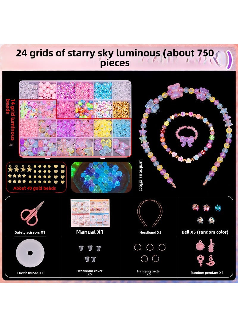 1 x 5 pcs Kids DIY Beading Kit Crystal Bracelet Necklace 24-frame starry sky luminous (about 750 pieces) comes with a tool kit 
