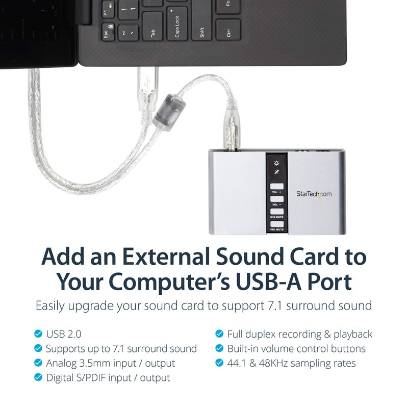StarTech.com 7.1 USB Sound Card - External Sound Card for Laptop with SPDIF Digital Audio - Sound Card for PC - Silver (ICUSBAUDIO7D) - Image 2