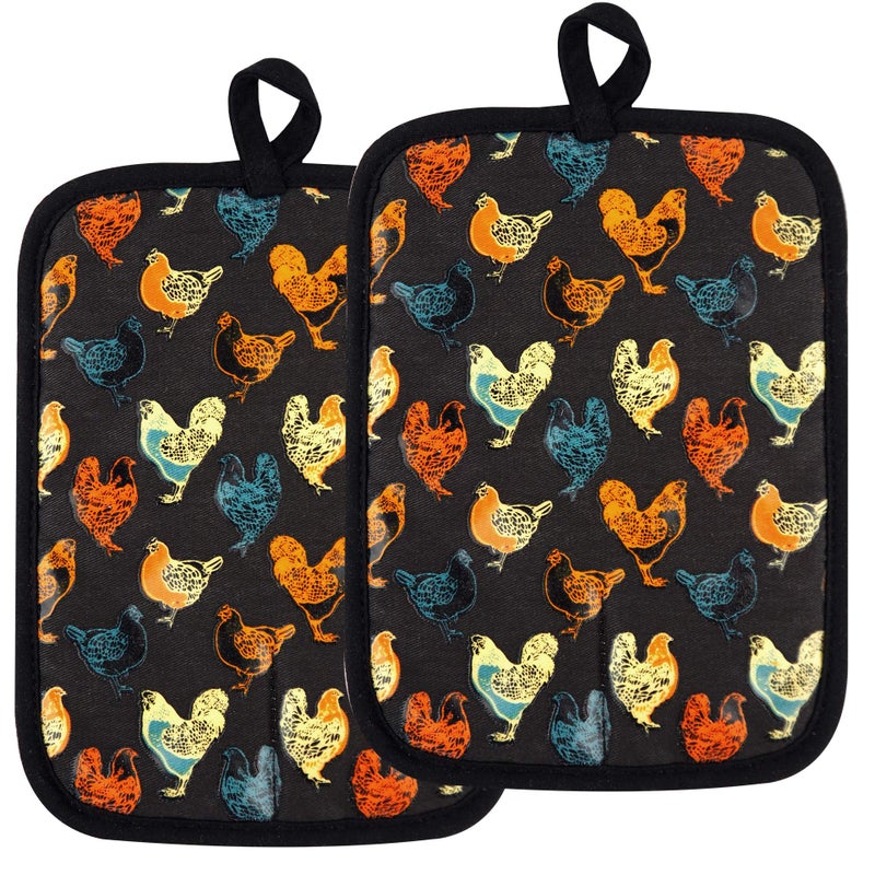 Pot Holders Set of 2 Heat Resistant 480 Non Slip Clear Silicone Printed Comfortable Cotton Lining Kitchen Women Men Cooking Baking Microwave Machine Washable Rooster Black Potholders