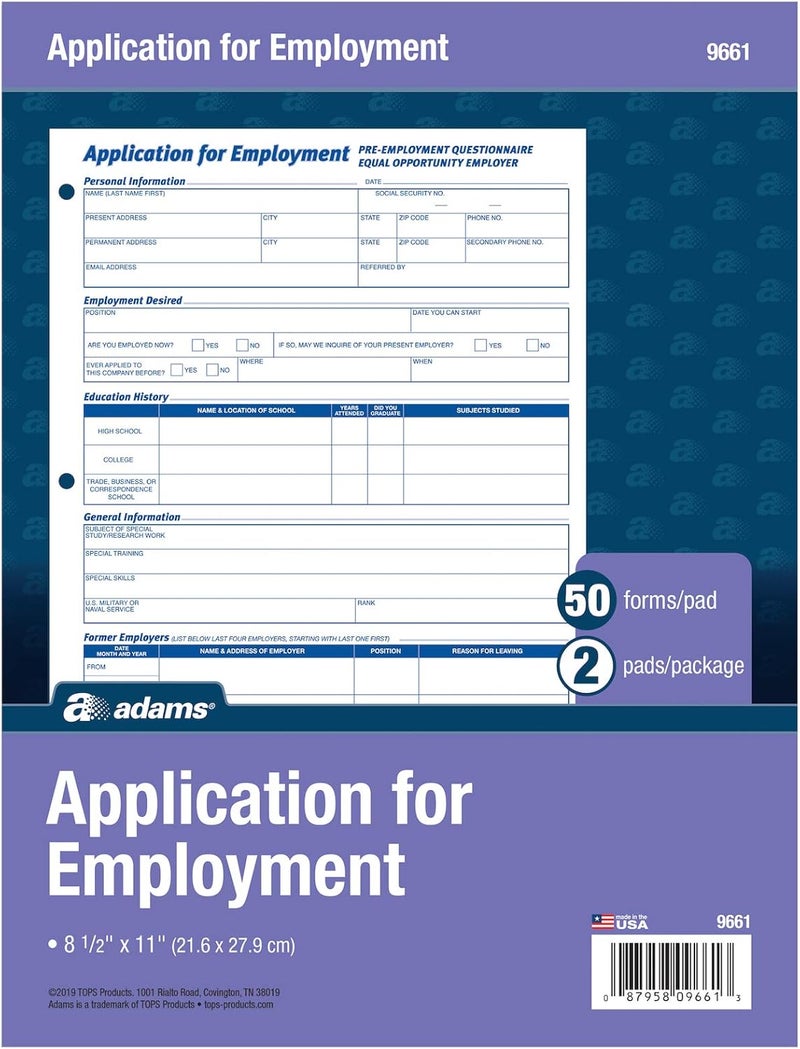 Adams Application for Employment Forms - 8.5 x 11 Inch, 50 Sheets per Pad, 2 Pads per Package, White - Image 1