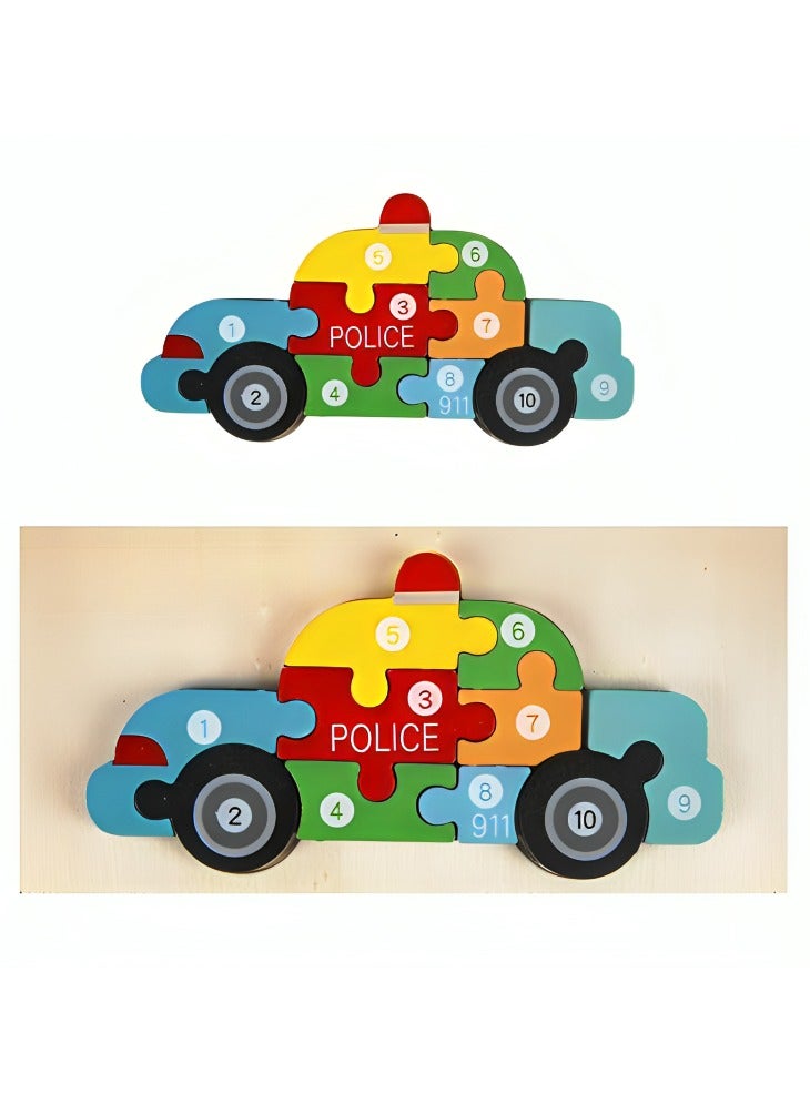 Colorful Wooden 3D Puzzles, Shape Design with Numbers, Teacher Parents Early Learning Support Tools, Attractive Patterns, Montessori Fine Motor Skill Develop Toys, Ideal Kids Gift (Police Car Shape) - Image 1