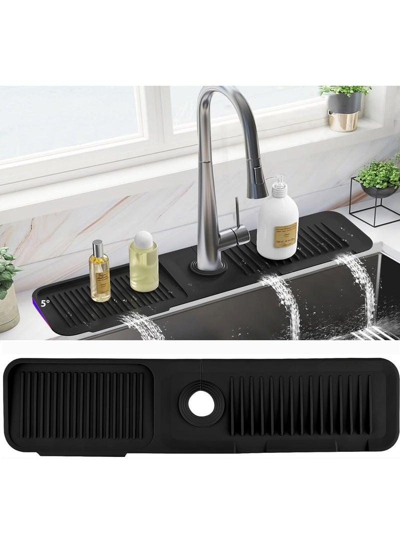 Relex Kitchen Sink Splash Guard, Silicone Draining Mat for Sink, Longer Silicone Faucet Drainer Pad, Sink Protectors for Kitchen Sink Mat, Sponge Holder for Kitchen Sink Accessories, Black - Image 1