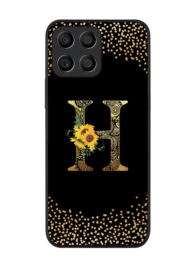 Stylizedd حافظة حواف سوداء متينة لهاتف Honor X8 5G، حواف مطاطية رفيعة - حرف مونوغرام مخصص بنمط زهري هندسي - ح (أسود) - Image 1